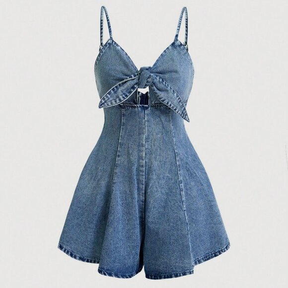 Light Wash Sexy Women's Denim Jumpsuit Tea Break Suspender Shorts